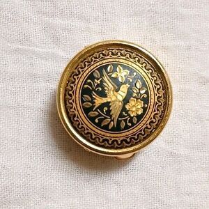 Vintage Gold Tone Round Damascene Inlay Bird Flower Trinket Metal Pill Box 1.25"